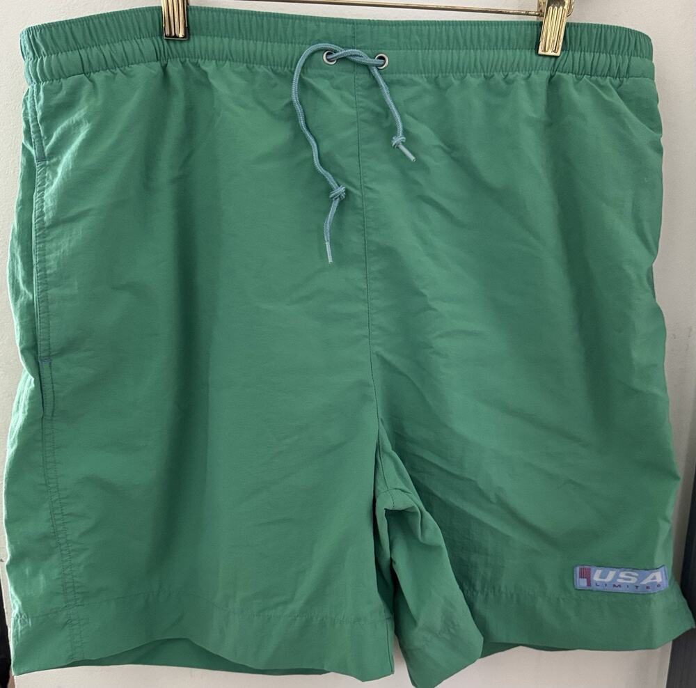 Vintage USA Limited Green Nylon Swim Trunks XL USA Flag Patch